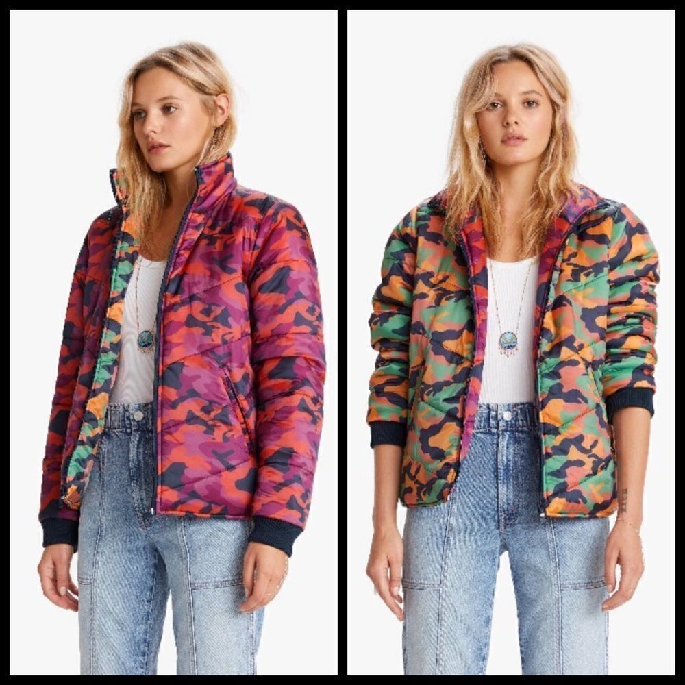 💕MOTHER💕 Two Faced Puffer Jacket ~ I'm Here Reversible Camo Print Medium NWOT